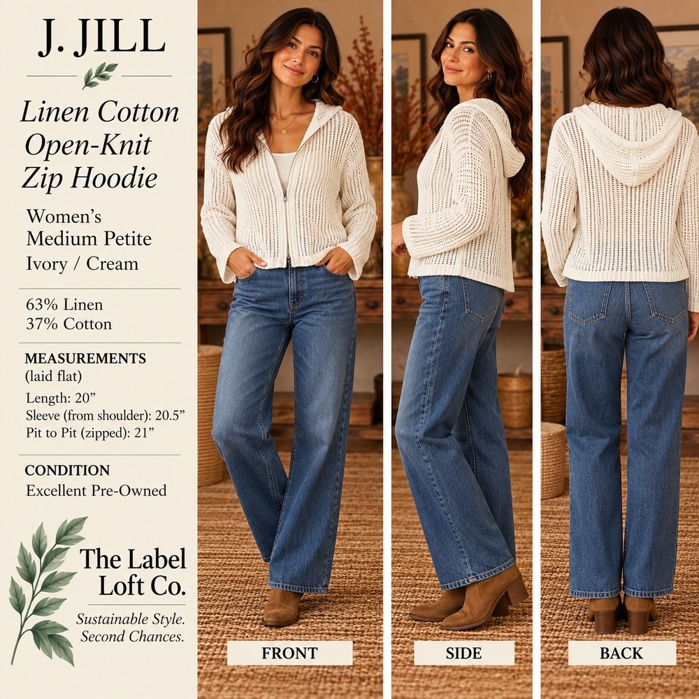 J.Jill Linen Cotton Hoodie Womens PM Ivory Open Knit Full Zip Coastal Sweater